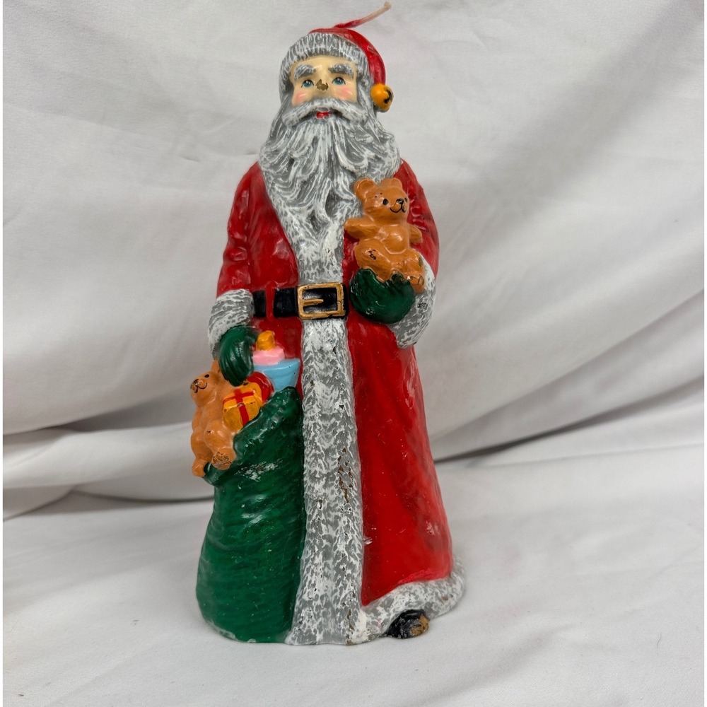 Vintage Hand Painted Santa Claus Figural Wax Candle Christmas Decor Teddy Bear